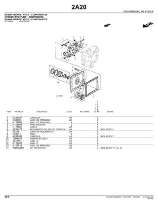 2A20
TRANSMISSAO DE FORCA
BOMBA HIDROSTATICA - COMPONENTES
HYDROSTATIC PUMP - COMPONENTS
BOMBA HIDROSTATICA - COMPONENTES
CQ150662 -UN-27NOV01
g
1
1 1
1 7
7 5
ITEM NR.PECA DESCRICAO QTDE. NR. SERIE 5 H NOTAS
1 AZ42087 CARCACA AR X
2 N48000 ANEL DE PRESSAO AR X
3 N126609 ANEL DE PRESSAO 4 X
4 N126599 PINO FIXADOR 2 X
5 H115060 JUNTA AR X
6 AZ42073 ROLAMENTO DE ROLOS CONICOS AR X INCL KEYS 2
7 Z53121 CAPA DE ROLAMENTO AR X
8 H63271 PINO 8 X
9 AZ42086 CARCACA AR X INCL KEYS 7
10 19H1821 PARAFUSO SEXT. AR X
11 Z53119 ANEL O AR X
12 R112857 ANEL O AR X
13 N126612 ANEL DE PRESSAO AR X
14 AN192380 KIT RETENTOR AR X INCL KEYS 11, 12, 13
50-4 COLHEITADEIRA 1175/1175H PC9185 (01-AUG-02)
PN=260
 