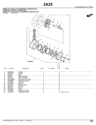 2A25
TRANSMISSAO DE FORCA
BOMBA DE CARGA DA TRANSMISSAO HIDROSTATICA
HYDROSTATIC DRIVE CHARGE PUMP
BOMBA DE CARGA DE LA TRANSMISION HIDROSTATICA
CQ151801 -UN-27NOV01
g
1
1 1
1 7
7 5
ITEM NR.PECA DESCRICAO QTDE. NR. SERIE 5 H NOTAS
1 AZ42090 BOMBA 1 X
2 N126637 JUNTA 1 X
3 H63271 PINO 2 X
4 Z53148 PINO FIXADOR 1 X
5 Z53149 PINO FIXADOR 1 X
6 AN122498 VALVULA DE ALIVIO 1 X
7 AZ42092 TREM DE DISCOS 1 X
8 N126622 CARCACA 1 X
9 H135570 ANEL O 2 X
10 Z53150 ESPACADOR 1 X
11 AZ42093 ROTOR 1 X
12 Z53152 BUCHA 2 X
13 N126621 CAPA 1 X
14 19H1897 PARAFUSO SEXT. 4 X
15 19H1875 PARAFUSO SEXT. 2 X 5/16"X 1-3/4"
COLHEITADEIRA 1175/1175H PC9185 (01-AUG-02) 50-9
PN=265
 