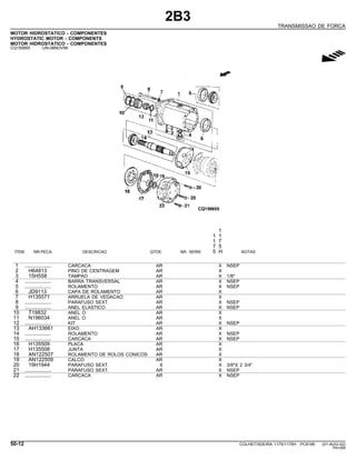 2B3
TRANSMISSAO DE FORCA
MOTOR HIDROSTATICO - COMPONENTES
HYDROSTATIC MOTOR - COMPONENTS
MOTOR HIDROSTATICO - COMPONENTES
CQ150665 -UN-08NOV99
g
1
1 1
1 7
7 5
ITEM NR.PECA DESCRICAO QTDE. NR. SERIE 5 H NOTAS
1 .................. CARCACA AR X NSEP
2 H64813 PINO DE CENTRAGEM AR X
3 15H558 TAMPAO AR X 1/8"
4 .................. BARRA TRANSVERSAL AR X NSEP
5 .................. ROLAMENTO AR X NSEP
6 JD9113 CAPA DE ROLAMENTO AR X
7 H135571 ARRUELA DE VEDACAO AR X
8 .................. PARAFUSO SEXT. AR X NSEP
9 .................. ANEL ELASTICO AR X NSEP
10 T19832 ANEL O AR X
11 N196034 ANEL O AR X
12 .................. KIT AR X NSEP
13 AH133661 EIXO AR X
14 .................. ROLAMENTO AR X NSEP
15 .................. CARCACA AR X NSEP
16 H135509 PLACA AR X
17 H135508 JUNTA AR X
18 AN122507 ROLAMENTO DE ROLOS CONICOS AR X
19 AN122509 CALCO AR X
20 19H1944 PARAFUSO SEXT. 6 X 3/8"X 2 3/4"
21 .................. PARAFUSO SEXT. AR X NSEP
22 .................. CARCACA AR X NSEP
50-12 COLHEITADEIRA 1175/1175H PC9185 (01-AUG-02)
PN=268
 