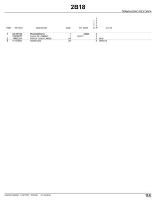 2B18
TRANSMISSAO DE FORCA
1
1 1
1 7
7 5
ITEM NR.PECA DESCRICAO QTDE. NR. SERIE 5 H NOTAS
1 DE18703 TRANSMISSAO 1 -39326 X
DQ36077 CAIXA DE CAMBIO 1 39327- X
2 14M7291 PORCA COM FLANGE AR X M16
3 H107504 PARAFUSO AR X M16X70
COLHEITADEIRA 1175/1175H PC9185 (01-AUG-02) 50-27
PN=283
 