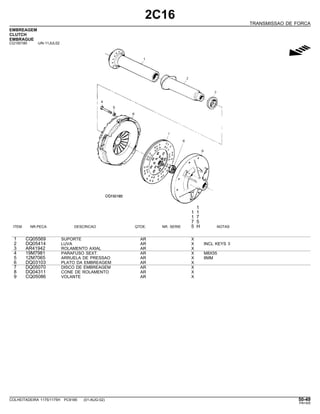 2C16
TRANSMISSAO DE FORCA
EMBREAGEM
CLUTCH
EMBRAGUE
CQ150180 -UN-11JUL02
g
1
1 1
1 7
7 5
ITEM NR.PECA DESCRICAO QTDE. NR. SERIE 5 H NOTAS
1 CQ05569 SUPORTE AR X
2 DQ05414 LUVA AR X INCL KEYS 3
3 AR41942 ROLAMENTO AXIAL AR X
4 19M7981 PARAFUSO SEXT. AR X M8X55
5 12M7065 ARRUELA DE PRESSAO AR X 8MM
6 DQ03103 PLATO DA EMBREAGEM AR X
7 DQ05070 DISCO DE EMBREAGEM AR X
8 DQ04311 CONE DE ROLAMENTO AR X
9 CQ05086 VOLANTE AR X
COLHEITADEIRA 1175/1175H PC9185 (01-AUG-02) 50-49
PN=305
 