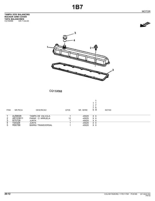 1B7
MOTOR
TAMPA DOS BALANCINS
ROCKER ARM COVER
TAPA BALANCINES
CQ150068 -UN-11JUL02
g
1
1 1
1 7
7 5
ITEM NR.PECA DESCRICAO QTDE. NR. SERIE 5 H NOTAS
1 AJ58026 TAMPA DE VALVULA 1 -45025 X X
2 AR103811 PARAF. C/ ARRUELA 12 -45025 X X
3 R75728 JUNTA 1 -45025 X X
4 T20328 JUNTA 1 -45025 X X
5 R90788 BARRA TRANSVERSAL 1 -45025 X X
20-12 COLHEITADEIRA 1175/1175H PC9185 (01-AUG-02)
PN=32
 