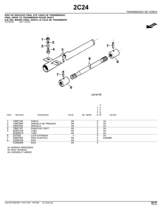 2C24
TRANSMISSAO DE FORCA
EIXO DA REDUCAO FINAL ATE CAIXA DE TRANSMISSAO
FINAL DRIVE TO TRANSMISION HOUSE SHAFT
EJE DEL MANDO FINAL HASTA LA CAJA DE TRANSMSION
CQ150185 -UN-11JUL02
g
1
1 1
1 7
7 5
ITEM NR.PECA DESCRICAO QTDE. NR. SERIE 5 H NOTAS
1 14M7140 PORCA AR X (A)
2 12M7066 ARRUELA DE PRESSAO AR X (A)
3 24M7040 ARRUELA AR X (A)
4 19M7167 PARAFUSO SEXT. AR X (A)
5 DQ05135 TUBO AR X (A)
DQ06573 TUBO AR X (A)
6 Z37932 LUVA ESTRIADA 4 X (A)
7 34M7044 PINO ELASTICO AR X 6X50MM
8 CQ05100 EIXO AR X
CQ06569 EIXO AR X
(A) VERSAO ARROZEIRA
(A) RICE VERSION
(A) VERSION P/ ARROZ
COLHEITADEIRA 1175/1175H PC9185 (01-AUG-02) 50-57
PN=313
 