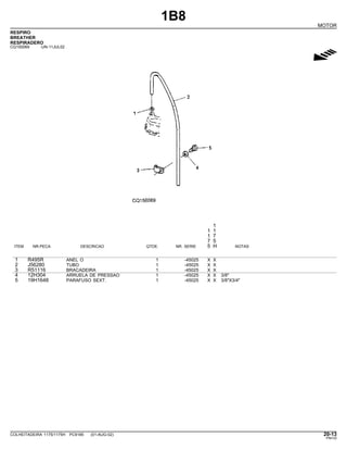 1B8
MOTOR
RESPIRO
BREATHER
RESPIRADERO
CQ150069 -UN-11JUL02
g
1
1 1
1 7
7 5
ITEM NR.PECA DESCRICAO QTDE. NR. SERIE 5 H NOTAS
1 R495R ANEL O 1 -45025 X X
2 J56280 TUBO 1 -45025 X X
3 R51116 BRACADEIRA 1 -45025 X X
4 12H304 ARRUELA DE PRESSAO 1 -45025 X X 3/8"
5 19H1648 PARAFUSO SEXT. 1 -45025 X X 3/8"X3/4"
COLHEITADEIRA 1175/1175H PC9185 (01-AUG-02) 20-13
PN=33
 