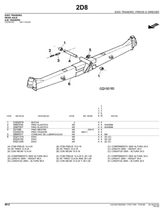 2D8
EIXO TRASEIRO, FREIOS E DIRECØO
EIXO TRASEIRO
REAR AXLE
EJE TRASERO
CQ150193 -UN-11JUL02
g
1
1 1
1 7
7 5
ITEM NR.PECA DESCRICAO QTDE. NR. SERIE 5 H NOTAS
1 CQ02918 BUCHA 2 X X
2 34M7035 PINO ELASTICO AR X X 5X40MM
3 34M7047 PINO ELASTICO AR X X 8X40MM
4 Z21596 PINO MESTRE AR -35410 X X
CQ30274 PINO FIXADOR AR 35411- X X
5 58M5577 CONEXAO DE LUBRIFICACAO AR X X M8
6 DQ21319 EIXO AR X X (A) (C)
DQ24192 EIXO AR X X (B) (D)
DQ21200 EIXO AR X X (E) (F)
(A) COM PNEUS 12.4-24 (B) COM PNEUS 10.5-18 (C) COMPRIMENTO 2800 ALTURA 24,5
(A) W/ TIRES 12.4-24 (B) W/ TIRES 10.5-18 (C) LENGTH 2800 - HEIGHT 24,5
(A) CON NEUM 12.4-24 (B) CON NEUM 10.5-18 (C) LONGITUD 2800 - ALTURA 24,5
(D) COMPRIMENTO 2800 ALTURA 88,5 (E) COM PNEUS 12.4-24 E 28.1-26 (F) COMPRIMENTO 2800 ALTURA 34,5
(D) LENGTH 2800 - HEIGHT 88,5 (E) W/ TIRES 12.4-24 AND 28.1-26 (F) LENGHT 2800 - HEIGHT 34,5
(D) LONGITUD 2800 - ALTURA 88,5 (E) CON NEUM 12.4-24 Y 28.1-26 (F) LONGITUD 2800 - ALTURA 34,5
60-2 COLHEITADEIRA 1175/1175H PC9185 (01-AUG-02)
PN=322
 
