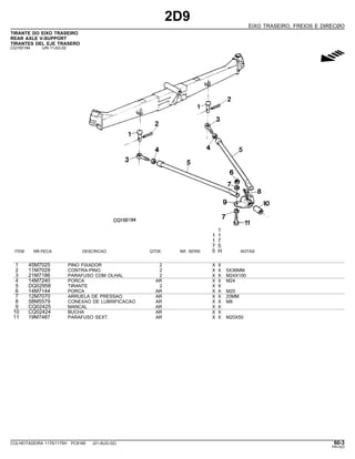 2D9
EIXO TRASEIRO, FREIOS E DIRECØO
TIRANTE DO EIXO TRASEIRO
REAR AXLE V-SUPPORT
TIRANTES DEL EJE TRASERO
CQ150194 -UN-11JUL02
g
1
1 1
1 7
7 5
ITEM NR.PECA DESCRICAO QTDE. NR. SERIE 5 H NOTAS
1 45M7025 PINO FIXADOR 2 X X
2 11M7029 CONTRA-PINO 2 X X 5X36MM
3 21M7186 PARAFUSO COM OLHAL 2 X X M24X100
4 14M7240 PORCA AR X X M24
5 DQ02958 TIRANTE 2 X X
6 14M7144 PORCA AR X X M20
7 12M7070 ARRUELA DE PRESSAO AR X X 20MM
8 58M5579 CONEXAO DE LUBRIFICACAO AR X X M8
9 CQ02425 MANCAL AR X X
10 CQ02424 BUCHA AR X X
11 19M7487 PARAFUSO SEXT. AR X X M20X50
COLHEITADEIRA 1175/1175H PC9185 (01-AUG-02) 60-3
PN=323
 