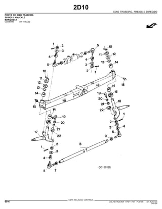 2D10
EIXO TRASEIRO, FREIOS E DIRECØO
PONTA DE EIXO TRASEIRA
SPINDLE KNUCKLE
MANGUETA
CQ150195 -UN-11JUL02
g
ESTA RELACAO CONTINUA
60-4 COLHEITADEIRA 1175/1175H PC9185 (01-AUG-02)
PN=324
 