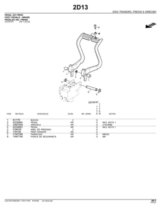 2D13
EIXO TRASEIRO, FREIOS E DIRECØO
PEDAL DO FREIO
FOOT PEDALS - BRAKE
PEDALES DEL FRENO
CQ150197 -UN-11JUL02
g
1
1 1
1 7
7 5
ITEM NR.PECA DESCRICAO QTDE. NR. SERIE 5 H NOTAS
1 B177R BUCHA 2 X
2 AZ28884 PEDAL AR X INCL KEYS 1
3 24M7099 ARRUELA AR X 21X33MM
4 AZ28883 PEDAL AR X INCL KEYS 1
5 F2863R ANEL DE PRESSAO 2 X
6 T49189 PINO FIXADOR AR X
7 21M7096 PARAFUSO AR X M8X25
8 14M7166 PORCA DE SEGURANCA AR X M8
COLHEITADEIRA 1175/1175H PC9185 (01-AUG-02) 60-7
PN=327
 