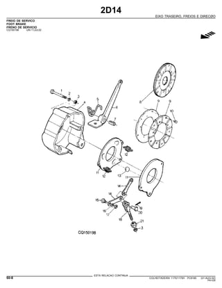 2D14
EIXO TRASEIRO, FREIOS E DIRECØO
FREIO DE SERVICO
FOOT BRAKE
FRENO DE SERVICIO
CQ150198 -UN-11JUL02
g
ESTA RELACAO CONTINUA
60-8 COLHEITADEIRA 1175/1175H PC9185 (01-AUG-02)
PN=328
 