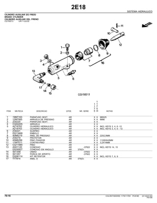 2E18
SISTEMA HIDRAULICO
CILINDRO AUXILIAR DO FREIO
BRAKE CYLINDER
CIILINDRO AUXILIAR DEL FRENO
CQ150213 -UN-11JUL02
g
1
1 1
1 7
7 5
ITEM NR.PECA DESCRICAO QTDE. NR. SERIE 5 H NOTAS
1 19M7163 PARAFUSO SEXT. AR X X M8X25
2 12M7065 ARRUELA DE PRESSAO AR X X 8MM
3 Z30220 PARAFUSO SEXT. AR X X
4 CQ04205 ARRUELA AR X X
5 AZ18762 CILINDRO HIDRAULICO AR X X INCL KEYS 3, 4, 6 -12
AZ18763 CILINDRO HIDRAULICO AR X X INCL KEYS 3, 4, 6 - 12
6 Z30221 SUSPIRO AR X X
7 DQ13468 EMBOLO AR X X
8 40M6219 ANEL DE PRESSAO AR X X 22X2,0MM
9 Z30219 PROTETOR AR X X
10 45M6299 PINO FIXADOR AR X X 11X50X42MM
11 11M7011 CONTRA-PINO AR X X 3,2X14MM
12 CQ11985 PINO AR X X
13 AS01120 CONEXAO AR -37922 X X INCL KEYS 14, 15
DQ30927 CONEXAO EM ANGULO AR 37923- X X
14 S01358 UNIAO AR -37922 X X
15 S01357 PORCA DE APERTO AR -37922 X X
16 DQ06114 KIT RETENTOR AR X X INCL KEYS 7, 8, 9
17 T77814 ANEL O AR 37923- X X
70-16 COLHEITADEIRA 1175/1175H PC9185 (01-AUG-02)
PN=356
 