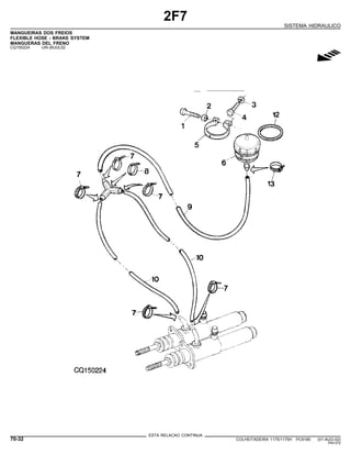 2F7
SISTEMA HIDRAULICO
MANGUEIRAS DOS FREIOS
FLEXIBLE HOSE - BRAKE SYSTEM
MANGUERAS DEL FRENO
CQ150224 -UN-26JUL02
g
ESTA RELACAO CONTINUA
70-32 COLHEITADEIRA 1175/1175H PC9185 (01-AUG-02)
PN=372
 