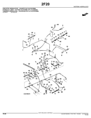 2F20
SISTEMA HIDRAULICO
CIRCUITOS HIDRAULICOS - LEVANTE DA PLATAFORMA
HYDRAULIC LINES - CUTTING PLATFORM LIFT CYLINDERS
TUBERIAS HIDRAULICAS - ELEVACION DE LA PLATAFORMA
CQ150231 -UN-30JUL02
g
ESTA RELACAO CONTINUA
70-46 COLHEITADEIRA 1175/1175H PC9185 (01-AUG-02)
PN=386
 