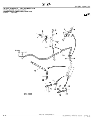 2F24
SISTEMA HIDRAULICO
CIRCUITOS HIDRAULICOS - TUBO DESCARREGADOR
HYDRAULIC LINES - UNLOADING TUBE
TUBERIAS HIDRAULICAS - TUBO DE DESCARGA
CQ150233 -UN-11JUL02
g
ESTA RELACAO CONTINUA
70-50 COLHEITADEIRA 1175/1175H PC9185 (01-AUG-02)
PN=390
 