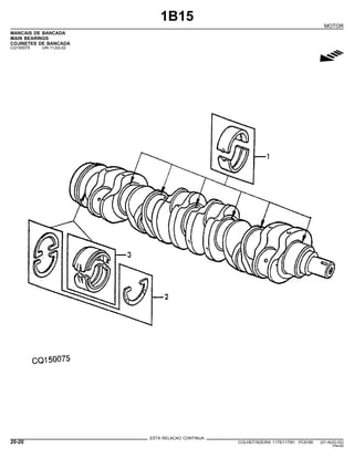 1B15
MOTOR
MANCAIS DE BANCADA
MAIN BEARINGS
COJINETES DE BANCADA
CQ150075 -UN-11JUL02
g
ESTA RELACAO CONTINUA
20-20 COLHEITADEIRA 1175/1175H PC9185 (01-AUG-02)
PN=40
 