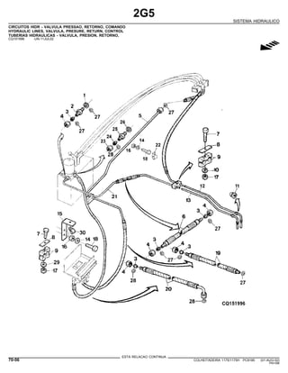 2G5
SISTEMA HIDRAULICO
CIRCUITOS HIDR - VALVULA PRESSAO, RETORNO, COMANDO
HYDRAULIC LINES, VALVULA, PRESURE, RETURN, CONTROL
TUBERIAS HIDRAULICAS - VALVULA, PRESION, RETORNO,
CQ151996 -UN-11JUL02
g
ESTA RELACAO CONTINUA
70-56 COLHEITADEIRA 1175/1175H PC9185 (01-AUG-02)
PN=396
 