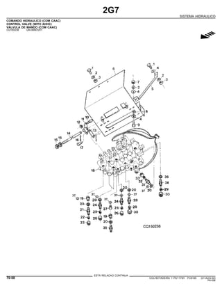 2G7
SISTEMA HIDRAULICO
COMANDO HIDRAULICO (COM CAAC)
CONTROL VALVE (WITH AHHC)
VALVULA DE MANDO (COM CAAC)
CQ150238 -UN-06NOV01
g
ESTA RELACAO CONTINUA
70-58 COLHEITADEIRA 1175/1175H PC9185 (01-AUG-02)
PN=398
 
