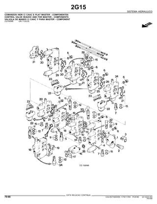 2G15
SISTEMA HIDRAULICO
COMANDOS HIDR C/ CAAC E PLAT MASTER - COMPONENTES
CONTROL VALVE W/AHHC AND FOR MASTER - COMPONENTS
VALVULA DE MANDO C/ CAAC Y PARA MASTER - COMPONENT
CQ150566 -UN-11JUL02
g
ESTA RELACAO CONTINUA
70-66 COLHEITADEIRA 1175/1175H PC9185 (01-AUG-02)
PN=406
 