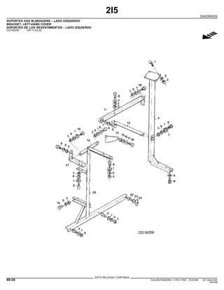 2I5
DIVERSOS
SUPORTES DAS BLINDAGENS - LADO ESQUERDO
BRACKET, LEFT-HAND COVER
SOPORTES DE LOS REVESTIMIENTOS - LADO IZQUIERDO
CQ150259 -UN-11JUL02
g
ESTA RELACAO CONTINUA
80-34 COLHEITADEIRA 1175/1175H PC9185 (01-AUG-02)
PN=448
 