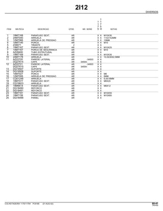 2I12
DIVERSOS
1
1 1
1 7
7 5
ITEM NR.PECA DESCRICAO QTDE. NR. SERIE 5 H NOTAS
1 19M7168 PARAFUSO SEXT. AR X X M10X30
2 24M7040 ARRUELA AR X X 11X21X2MM
3 12M7066 ARRUELA DE PRESSAO AR X X 10MM
4 14M7140 PORCA AR X X M10
5 Z39071 TIRANTE 2 X X
6 19M7167 PARAFUSO SEXT. AR X X M10X25
7 14M7167 PORCA DE SEGURANCA AR X X M10
8 AZ28400 TUBO ESTRUTURAL AR X X
9 19M7169 PARAFUSO SEXT. AR X X M10X35
10 24M7178 ARRUELA AR X X 10,5X30X2,5MM
11 AZ22720 PAREDE LATERAL AR -34503 X X
DQ27614 CAPA AR 34504- X X
12 AZ22721 PAREDE LATERAL AR -34503 X X
DQ27615 CAPA AR 34504- X X
13 DQ19507 SUPORTE AR X X
14 DQ19508 SUPORTE AR X X
15 14M7027 PORCA AR X X M6
16 12M7006 ARRUELA DE PRESSAO AR X X 6MM
17 CQ01248 ARRUELA AR X X 6,4X18MM
18 19M7077 PARAFUSO SEXT. AR X X M6X20
19 CQ19823 ARRUELA AR X X
20 19M6614 PARAFUSO SEXT. AR X X M6X12
21 DQ18490 REFORCO AR X X
22 DQ18491 REFORCO AR X X
23 19M7181 PARAFUSO SEXT. AR X X M10X55
24 19M7156 PARAFUSO SEXT. AR X X M10X60
25 DQ18499 PAINEL AR X X
COLHEITADEIRA 1175/1175H PC9185 (01-AUG-02) 80-41
PN=455
 
