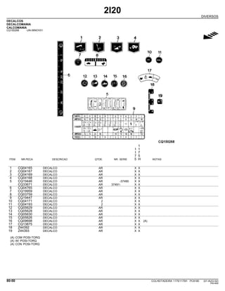 2I20
DIVERSOS
DECALCOS
DECALCOMANIA
CALCOMANIA
CQ150268 -UN-06NOV01
g
1
1 1
1 7
7 5
ITEM NR.PECA DESCRICAO QTDE. NR. SERIE 5 H NOTAS
1 CQ04165 DECALCO AR X X
2 CQ04167 DECALCO AR X X
3 CQ04169 DECALCO AR X X
4 CQ04168 DECALCO AR X X
5 CQ19446 DECALCO AR -37490 X X
CQ33671 DECALCO AR 37491- X X
6 CQ04765 DECALCO AR X X
7 CQ19959 DECALCO AR X X
8 CQ03759 DECALCO AR X X
9 CQ19447 DECALCO AR X X
10 CQ04171 DECALCO 2 X X
11 CQ04193 DECALCO 2 X X
12 CQ05629 DECALCO AR X X
13 CQ05628 DECALCO AR X X
14 CQ05630 DECALCO AR X X
15 CQ05626 DECALCO AR X X
16 CQ09698 DECALCO AR X X (A)
17 CQ13875 DECALCO AR X X
18 Z44392 DECALCO AR X X
19 Z44393 DECALCO AR X X
(A) COM POSI-TORQ
(A) W/ POSI-TORQ
(A) CON POSI-TORQ
80-50 COLHEITADEIRA 1175/1175H PC9185 (01-AUG-02)
PN=464
 