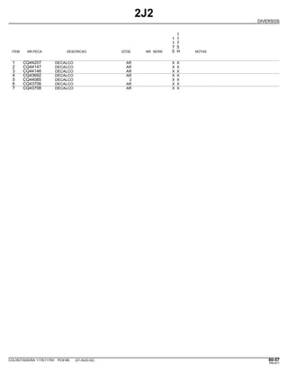 2J2
DIVERSOS
1
1 1
1 7
7 5
ITEM NR.PECA DESCRICAO QTDE. NR. SERIE 5 H NOTAS
1 CQ44207 DECALCO AR X X
2 CQ44147 DECALCO AR X X
3 CQ44146 DECALCO AR X X
4 CQ43692 DECALCO AR X X
5 CQ44085 DECALCO 2 X X
6 CQ43706 DECALCO AR X X
7 CQ43708 DECALCO AR X X
COLHEITADEIRA 1175/1175H PC9185 (01-AUG-02) 80-57
PN=471
 