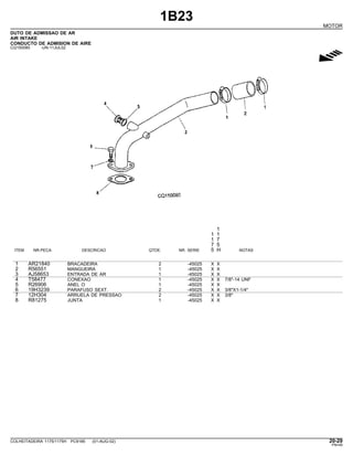 1B23
MOTOR
DUTO DE ADMISSAO DE AR
AIR INTAKE
CONDUCTO DE ADMISION DE AIRE
CQ150080 -UN-11JUL02
g
1
1 1
1 7
7 5
ITEM NR.PECA DESCRICAO QTDE. NR. SERIE 5 H NOTAS
1 AR21840 BRACADEIRA 2 -45025 X X
2 R56551 MANGUEIRA 1 -45025 X X
3 AJ58653 ENTRADA DE AR 1 -45025 X X
4 T58477 CONEXAO 1 -45025 X X 7/8"-14 UNF
5 R26906 ANEL O 1 -45025 X X
6 19H3239 PARAFUSO SEXT. 2 -45025 X X 3/8"X1-1/4"
7 12H304 ARRUELA DE PRESSAO 2 -45025 X X 3/8"
8 R81275 JUNTA 1 -45025 X X
COLHEITADEIRA 1175/1175H PC9185 (01-AUG-02) 20-29
PN=49
 