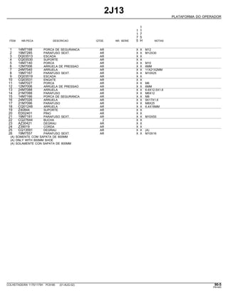 2J13
PLATAFORMA DO OPERADOR
1
1 1
1 7
7 5
ITEM NR.PECA DESCRICAO QTDE. NR. SERIE 5 H NOTAS
1 14M7168 PORCA DE SEGURANCA AR X X M12
2 19M7285 PARAFUSO SEXT. AR X X M12X30
3 DQ03513 ESCADA AR X X
4 CQ03530 SUPORTE AR X X
5 14M7140 PORCA AR X X M10
6 12M7006 ARRUELA DE PRESSAO AR X X 6MM
7 24M7040 ARRUELA AR X X 11X21X2MM
8 19M7167 PARAFUSO SEXT. AR X X M10X25
9 DQ03519 ESCADA AR X X
10 CQ03531 ENGATE AR X X
11 14M7027 PORCA AR X X M6
12 12M7006 ARRUELA DE PRESSAO AR X X 6MM
13 24M7088 ARRUELA AR X X 6.6X12.5X1.6
14 21M7088 PARAFUSO AR X X M6X12
15 14M7166 PORCA DE SEGURANCA AR X X M8
16 24M7026 ARRUELA AR X X 9X17X1,6
17 21M7096 PARAFUSO AR X X M8X25
18 CQ01248 ARRUELA AR X X 6,4X18MM
19 Z40844 SUPORTE AR X X
20 ED02401 PINO AR X X
21 19M7181 PARAFUSO SEXT. AR X X M10X55
22 CQ27644 BUCHA 2 X X
23 AZ30421 DEGRAU AR X X
24 Z39019 CORDA AR X X
25 CQ13591 DEGRAU AR X X (A)
26 19M7557 PARAFUSO SEXT. AR X X M10X16
(A) SOMENTE COM SAPATA DE 800MM
(A) ONLY WITH 800MM SHOE
(A) SOLAMENTE CON SAPATA DE 800MM
COLHEITADEIRA 1175/1175H PC9185 (01-AUG-02) 90-5
PN=483
 