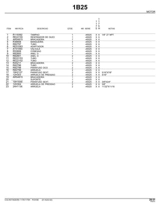 1B25
MOTOR
1
1 1
1 7
7 5
ITEM NR.PECA DESCRICAO QTDE. NR. SERIE 5 H NOTAS
1 R119392 TAMPAO 1 -45025 X X 1/8" 27 NPT
2 RE22155 RESFRIADOR DE OLEO 1 -45025 X X
3 AR54815 BRACADEIRA 7 -45025 X X
4 R36858 MANGUEIRA 4 -45025 X X
5 R82797 TUBO 1 -45025 X X
6 RE53383 ADAPTADOR 1 -45025 X X
7 AT31093 VALVULA 1 -45025 X X
8 R53808 CONEXAO 1 -45025 X X
9 R82800 ANEL O 1 -45025 X X
10 R82801 ANEL O 2 -45025 X X
11 RE22153 TUBO 1 -45025 X X
12 RE22152 TUBO 1 -45025 X X
13 R45211 BRACADEIRA 2 -45025 X X
14 R82796 TUBO 1 -45025 X X
15 R82798 PARAFUSO OCO 2 -45025 X X
16 R82799 ARRUELA 4 -45025 X X
17 19H2127 PARAFUSO SEXT. 2 -45025 X X 5/16"X7/8"
18 12H303 ARRUELA DE PRESSAO 2 -45025 X X 5/16"
19 AR54815 BRACADEIRA 1 -45025 X X
20 .................. SUPORTE 1 -45025 X X
21 19H1648 PARAFUSO SEXT. 2 -45025 X X 3/8"X3/4"
22 12H304 ARRUELA DE PRESSAO 2 -45025 X X 3/8"
23 24H1136 ARRUELA 2 -45025 X X 11/32"X11/16
COLHEITADEIRA 1175/1175H PC9185 (01-AUG-02) 20-31
PN=51
 