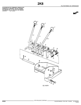 2K8
PLATAFORMA DO OPERADOR
ALAVANCAS DO COMANDO HIDRAULICO
HYDRAULIC CONTROL VALVE LEVERS
PALANCAS DE LA VALVULA DE MANDO
CQ150474 -UN-11JUL02
g
ESTA RELACAO CONTINUA
90-26 COLHEITADEIRA 1175/1175H PC9185 (01-AUG-02)
PN=504
 
