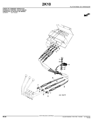 2K10
PLATAFORMA DO OPERADOR
CABOS DO COMANDO HIDRAULICO
HYDRAULIC CONTROL VALVE CABLES
CABLES DE LA VALVULA DE MANDO
CQ150475 -UN-11JUL02
g
ESTA RELACAO CONTINUA
90-28 COLHEITADEIRA 1175/1175H PC9185 (01-AUG-02)
PN=506
 