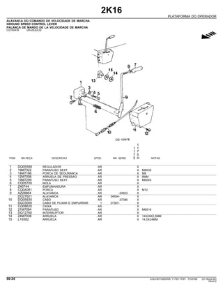 2K16
PLATAFORMA DO OPERADOR
ALAVANCA DO COMANDO DE VELOCIDADE DE MARCHA
GROUND SPEED CONTROL LEVER
PALANCA DE MANDO DE LA VELOCIDADE DE MARCHA
CQ150478 -UN-26JUL02
g
1
1 1
1 7
7 5
ITEM NR.PECA DESCRICAO QTDE. NR. SERIE 5 H NOTAS
1 DQ05599 REGULADOR AR X
2 19M7322 PARAFUSO SEXT. AR X M8X35
3 14M7166 PORCA DE SEGURANCA AR X M8
4 12M7006 ARRUELA DE PRESSAO AR X 6MM
5 19M7299 PARAFUSO SEXT. AR X M6X45
6 CQ05700 MOLA AR X
7 Z40744 EMPUNHADURA AR X
8 CQ04081 PORCA AR X M12
9 AZ28864 ALAVANCA AR -34503 X
DQ27621 ALAVANCA AR 34504- X
10 DQ05830 CABO AR -37386 X
DQ33000 CABO DE PUXAR E EMPURRAR 1 37387- X
11 CQ08620 CAIXA AR X
12 21M7094 PARAFUSO AR X M6X16
13 DQ12760 INTERRUPTOR AR X
14 24M7038 ARRUELA AR X 14X24X2,5MM
15 L19362 ARRUELA AR X 14,5X24MM
90-34 COLHEITADEIRA 1175/1175H PC9185 (01-AUG-02)
PN=512
 