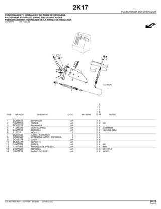 2K17
PLATAFORMA DO OPERADOR
POSICIONAMENTO HIDRAULICO DO TUBO DE DESCARGA
ADJUSTMENT HYDRAULIC SWING UNLOADING AUGER
POSICIONAMIENTO HIDRAULICO DE LA MANGA DE DESCARGA
CQ150479 -UN-11JUL02
g
1
1 1
1 7
7 5
ITEM NR.PECA DESCRICAO QTDE. NR. SERIE 5 H NOTAS
1 DQ05625 MANIPULO AR X X
2 14M7151 PORCA AR X X M8
3 DQ06721 ALAVANCA AR X X
4 11M6390 CONTRA-PINO AR X X 2,5X18MM
5 24M7038 ARRUELA AR X X 14X24X2,5MM
6 L12731 MOLA 2 X X
7 DQ03833 JUNTA ESFERICA 2 X X
8 CQ03841 RETENTOR ARTIC. ESFERICA 2 X X
9 DQ15374 CABO AR X X
10 DQ06727 SUPORTE AR X X
11 14M7029 PORCA AR X X M8
12 12M7065 ARRUELA DE PRESSAO AR X X 8MM
13 24M7026 ARRUELA AR X X 9X17X1,6
14 19M7139 PARAFUSO SEXT. AR X X M8X20
COLHEITADEIRA 1175/1175H PC9185 (01-AUG-02) 90-35
PN=513
 
