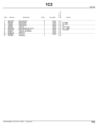 1C2
MOTOR
1
1 1
1 7
7 5
ITEM NR.PECA DESCRICAO QTDE. NR. SERIE 5 H NOTAS
1 AR21837 BRACADEIRA 8 -45025 X X
2 R59199 MANGUEIRA 2 -45025 X X ID 19MM
3 T25469 MANGUEIRA 2 -45025 X X ID 19MM
4 J57094 TUBULACAO 1 -45025 X X UP
5 J56208 JOELHO 1 -45025 X X LOW 19MM
6 RE31929 RESFRIADOR DE OLEO 1 -45025 X X OD = 19MM
7 51M7012 ANEL DE VEDACAO 1 -45025 X X 10,2X1MM
8 R56947 TAMPAO DE DRENO 1 -45025 X X
9 R105714 ARRUELA 1 -45025 X X
10 AR98853 VALVULA 1 -45025 X X
11 T31306 CONEXAO 1 X X
COLHEITADEIRA 1175/1175H PC9185 (01-AUG-02) 20-33
PN=53
 