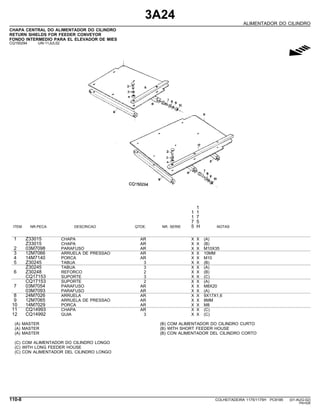 3A24
ALIMENTADOR DO CILINDRO
CHAPA CENTRAL DO ALIMENTADOR DO CILINDRO
RETURN SHIELDS FOR FEEDER CONVEYOR
FONDO INTERMEDIO PARA EL ELEVADOR DE MIES
CQ150294 -UN-11JUL02
g
1
1 1
1 7
7 5
ITEM NR.PECA DESCRICAO QTDE. NR. SERIE 5 H NOTAS
1 Z33015 CHAPA AR X X (A)
Z33015 CHAPA AR X X (B)
2 03M7098 PARAFUSO AR X X M10X35
3 12M7066 ARRUELA DE PRESSAO AR X X 10MM
4 14M7140 PORCA AR X X M10
5 Z30245 TABUA 3 X X (B)
Z30245 TABUA 3 X X (A)
6 Z30248 REFORCO 2 X X (B)
CQ17153 SUPORTE 3 X X (C)
CQ17153 SUPORTE 2 X X (A)
7 03M7054 PARAFUSO AR X X M8X20
03M7093 PARAFUSO AR X X (A)
8 24M7026 ARRUELA AR X X 9X17X1,6
9 12M7065 ARRUELA DE PRESSAO AR X X 8MM
10 14M7029 PORCA AR X X M8
11 CQ14993 CHAPA AR X X (C)
12 CQ14992 GUIA 3 X X (C)
(A) MASTER (B) COM ALIMENTADOR DO CILINDRO CURTO
(A) MASTER (B) WITH SHORT FEEDER HOUSE
(A) MASTER (B) CON ALIMENTADOR DEL CILINDRO CORTO
(C) COM ALIMENTADOR DO CILINDRO LONGO
(C) WITH LONG FEEDER HOUSE
(C) CON ALIMENTADOR DEL CILINDRO LONGO
110-8 COLHEITADEIRA 1175/1175H PC9185 (01-AUG-02)
PN=526
 