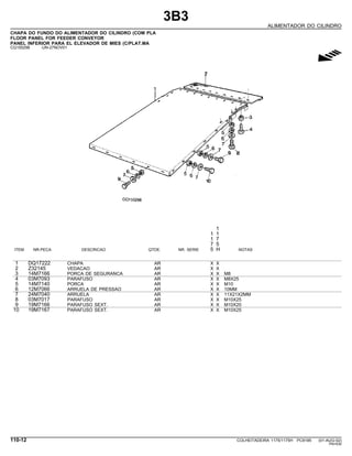 3B3
ALIMENTADOR DO CILINDRO
CHAPA DO FUNDO DO ALIMENTADOR DO CILINDRO (COM PLA
FLOOR PANEL FOR FEEDER CONVEYOR
PANEL INFERIOR PARA EL ELEVADOR DE MIES (C/PLAT.MA
CQ150296 -UN-27NOV01
g
1
1 1
1 7
7 5
ITEM NR.PECA DESCRICAO QTDE. NR. SERIE 5 H NOTAS
1 DQ17222 CHAPA AR X X
2 Z32145 VEDACAO AR X X
3 14M7166 PORCA DE SEGURANCA AR X X M8
4 03M7093 PARAFUSO AR X X M8X25
5 14M7140 PORCA AR X X M10
6 12M7066 ARRUELA DE PRESSAO AR X X 10MM
7 24M7040 ARRUELA AR X X 11X21X2MM
8 03M7017 PARAFUSO AR X X M10X25
9 19M7166 PARAFUSO SEXT. AR X X M10X20
10 19M7167 PARAFUSO SEXT. AR X X M10X25
110-12 COLHEITADEIRA 1175/1175H PC9185 (01-AUG-02)
PN=530
 