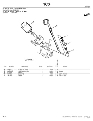 1C3
MOTOR
FILTRO DE OLEO E VARETA DE NIVEL
OIL FILTER AND DIPSTICK
FILTRO DE ACEITE Y VARILLA DE NIVEL
CQ150083 -UN-11JUL02
g
1
1 1
1 7
7 5
ITEM NR.PECA DESCRICAO QTDE. NR. SERIE 5 H NOTAS
1 T19044 FILTRO DE OLEO 1 -45025 X X
2 AJ58285 VARETA DE NIVEL 1 -45025 X X 289MM
3 R10093 ANEL O 1 -45025 X X
4 R61352 CONEXAO 1 -45025 X X LGTH=100MM
5 14H826 PORCA 1 -45025 X X 1/2"-13 UNC
20-34 COLHEITADEIRA 1175/1175H PC9185 (01-AUG-02)
PN=54
 