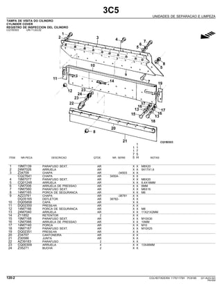 3C5
UNIDADES DE SEPARACAO E LIMPEZA
TAMPA DE VISITA DO CILINDRO
CYLINDER COVER
REGISTRO DE INSPECCION DEL CILINDRO
CQ150303 -UN-11JUL02
g
1
1 1
1 7
7 5
ITEM NR.PECA DESCRICAO QTDE. NR. SERIE 5 H NOTAS
1 19M7139 PARAFUSO SEXT. AR X X M8X20
2 24M7026 ARRUELA AR X X 9X17X1,6
3 Z34709 CHAPA AR -34503 X X
CQ27641 CHAPA AR 34504- X X
4 19M7077 PARAFUSO SEXT. AR X X M6X20
5 CQ01248 ARRUELA AR X X 6,4X18MM
6 12M7006 ARRUELA DE PRESSAO AR X X 6MM
7 19M7560 PARAFUSO SEXT. AR X X M6X16
8 14M7165 PORCA DE SEGURANCA AR X X M6
9 AZ23761 CHAPA AR -38781 X X
DQ35165 DEFLETOR AR 38782- X X
10 DQ05858 CAPA AR X X
11 DQ02350 PRESILHA AR X X
12 14M7166 PORCA DE SEGURANCA AR X X M8
13 24M7040 ARRUELA AR X X 11X21X2MM
14 Z11852 RETENTOR 2 X X
15 19M7168 PARAFUSO SEXT. AR X X M10X30
16 12M7066 ARRUELA DE PRESSAO AR X X 10MM
17 14M7140 PORCA AR X X M10
18 19M7167 PARAFUSO SEXT. AR X X M10X25
19 DQ02351 PRESILHA AR X X
20 Z34707 CANTONEIRA AR X X
21 Z30586 JUNTA AR X X
22 AZ39183 PARAFUSO 2 X X
23 CQ00309 ARRUELA 4 X X 13X46MM
24 Z35271 BUCHA 2 X X
120-2 COLHEITADEIRA 1175/1175H PC9185 (01-AUG-02)
PN=554
 