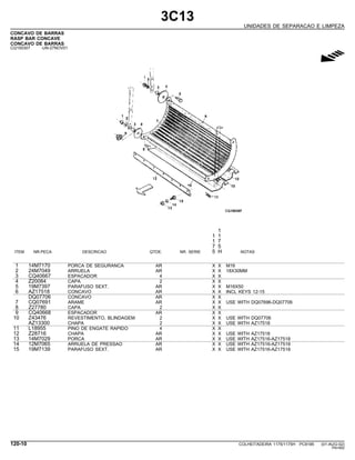 3C13
UNIDADES DE SEPARACAO E LIMPEZA
CONCAVO DE BARRAS
RASP BAR CONCAVE
CONCAVO DE BARRAS
CQ150307 -UN-27NOV01
g
1
1 1
1 7
7 5
ITEM NR.PECA DESCRICAO QTDE. NR. SERIE 5 H NOTAS
1 14M7170 PORCA DE SEGURANCA AR X X M16
2 24M7049 ARRUELA AR X X 18X30MM
3 CQ40667 ESPACADOR 4 X X
4 Z20084 CAPA 2 X X
5 19M7397 PARAFUSO SEXT. AR X X M16X50
6 AZ17518 CONCAVO AR X X INCL KEYS 12-15
DQ07706 CONCAVO AR X X
7 CQ07691 ARAME AR X X USE WITH DQ07696-DQ07706
8 Z27780 CAPA 2 X X
9 CQ40668 ESPACADOR AR X X
10 Z43476 REVESTIMENTO, BLINDAGEM 2 X X USE WITH DQ07706
AZ13300 CHAPA 2 X X USE WITH AZ17518
11 L18955 PINO DE ENGATE RAPIDO 4 X X
12 Z28716 CHAPA AR X X USE WITH AZ17518
13 14M7029 PORCA AR X X USE WITH AZ17516-AZ17518
14 12M7065 ARRUELA DE PRESSAO AR X X USE WITH AZ17516-AZ17518
15 19M7139 PARAFUSO SEXT. AR X X USE WITH AZ17516-AZ17518
120-10 COLHEITADEIRA 1175/1175H PC9185 (01-AUG-02)
PN=562
 
