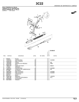 3C22
UNIDADES DE SEPARACAO E LIMPEZA
POLIA TENSORA DA TRILHA
TENSION PULLEY (SEPARATOR)
POLEA TENSORA DE LA TRILLA
CQ150316 -UN-11JUL02
g
1
1 1
1 7
7 5
ITEM NR.PECA DESCRICAO QTDE. NR. SERIE 5 H NOTAS
1 Z34431 PLACA 2 X X
2 11M7021 CONTRA-PINO AR X X 4X25MM
3 CQ03193 PINO FIXADOR AR X X
4 14M7029 PORCA AR X X M8
5 12M7065 ARRUELA DE PRESSAO AR X X 8MM
6 DQ03182 PIVO AR X X
7 19M7163 PARAFUSO SEXT. AR X X M8X25
8 L18453 ARRUELA 4 X X
9 11M7031 CONTRA-PINO AR X X 5X45MM
10 58M5632 CONEXAO DE LUBRIFICACAO AR X X M6
11 Z11098 ALAVANCA AR X X
12 34M7030 PINO ELASTICO AR X X 5X20MM
13 34M7061 PINO ELASTICO AR X X 8X20MM
14 AZ26212 FORQUILHA AR X X
15 Z22116 MOLA AR X X
16 CQ05126 ARRUELA AR X X 14X40X3
17 14M7168 PORCA DE SEGURANCA AR X X M12
18 DQ44463 AJUSTADOR AR X X
19 DQ10658 TENSOR AR X X
COLHEITADEIRA 1175/1175H PC9185 (01-AUG-02) 120-19
PN=571
 