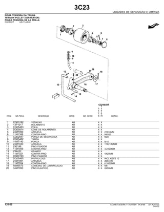3C23
UNIDADES DE SEPARACAO E LIMPEZA
POLIA TENSORA DA TRILHA
TENSION PULLEY (SEPARATOR)
POLEA TENSORA DE LA TRILLA
CQ150317 -UN-11JUL02
g
1
1 1
1 7
7 5
ITEM NR.PECA DESCRICAO QTDE. NR. SERIE 5 H NOTAS
1 CQ03192 VEDACAO AR X X
2 13P1017 ROLAMENTO AR X X
3 CQ05463 POLIA AR X X
4 DQ00814 CONE DE ROLAMENTO AR X X
5 24M7099 ARRUELA AR X X 21X33MM
6 11M1388 CONTRA-PINO AR X X M8X25
7 CQ02097 PORCA DE SEGURANCA AR X X M20
8 CQ05482 TAMPA AR X X
9 14M7140 PORCA AR X X M10
10 24M7040 ARRUELA AR X X 11X21X2MM
11 Z42148 PINO FIXADOR AR X X
12 11M7059 CONTRA-PINO AR X X 3,2X20MM
13 Z34432 GRAMPO AR X X
14 11M7021 CONTRA-PINO AR X X 4X25MM
15 CQ03193 PINO FIXADOR AR X X
16 DQ05465 INSTRUCOES AR X X INCL KEYS 12
17 24M7091 ARRUELA AR X X 26X44X4
18 11M7054 CONTRA-PINO AR X X 6,3X32MM
19 58M5573 CONEXAO DE LUBRIFICACAO AR X X M6
20 34M7050 PINO ELASTICO AR X X 8X55MM
120-20 COLHEITADEIRA 1175/1175H PC9185 (01-AUG-02)
PN=572
 