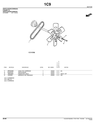 1C9
MOTOR
VENTILADOR/CORREIAS
FAN/BELTS
VENTILADOR/CORREAS
CQ150088 -UN-11JUL02
g
1
1 1
1 7
7 5
ITEM NR.PECA DESCRICAO QTDE. NR. SERIE 5 H NOTAS
1 AR72036 JOGO DE CORREIAS 1 -45025 X X (A)
2 AJ57819 VENTILADOR 1 -45025 X X
3 19H3483 PARAFUSO SEXT. 4 -45025 X X 3/8"X1.1/8"
4 12H304 ARRUELA DE PRESSAO 4 -45025 X X 3/8"
(A) 2 CORREIAS
(A) 2 BELTS
(A) 2 CORREAS
20-40 COLHEITADEIRA 1175/1175H PC9185 (01-AUG-02)
PN=60
 