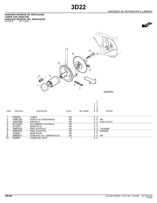 3D22
UNIDADES DE SEPARACAO E LIMPEZA
VARIADOR INFERIOR DO VENTILADOR
LOWER FAN VARIATOR
VARIADOR INFERIOR DEL VENTILADOR
CQ150333 -UN-11JUL02
g
1
1 1
1 7
7 5
ITEM NR.PECA DESCRICAO QTDE. NR. SERIE 5 H NOTAS
1 Z38279 TAMPA AR X X
2 14M7165 PORCA DE SEGURANCA AR X X M6
3 24M7088 ARRUELA AR X X 6.6X12.5X1.6
4 AZ10248 ALOJAMENTO DA MOLA AR X X
5 Z10079 SEMI-POLIA AR X X
6 34M7054 PINO ELASTICO AR X X 10X50MM
7 34M7044 PINO ELASTICO AR X X 6X50MM
8 Z10081 SEMI-POLIA AR X X
9 58M5573 CONEXAO DE LUBRIFICACAO AR X X M6
10 Z30687 PARAFUSO SEXT. 3 X X
120-46 COLHEITADEIRA 1175/1175H PC9185 (01-AUG-02)
PN=598
 