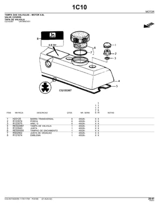 1C10
MOTOR
TAMPA DAS VALVULAS - MOTOR 6.8L
VALVE COVERS
TAPA DE VALVULA
CQ153367 -UN-06NOV01
g
1
1 1
1 7
7 5
ITEM NR.PECA DESCRICAO QTDE. NR. SERIE 5 H NOTAS
1 H23125 BARRA TRANSVERSAL 6 45026- X X
2 R123574 PORCA 6 45026- X X
3 R123575 ANEL O 6 45026- X X
4 RE502987 TAMPA DE VALVULA 1 45026- X X
5 R123543 JUNTA 1 45026- X X
6 RE500005 TAMPAO DE ENCHIMENTO 1 45026- X X
7 R502902 JUNTA DE VEDACAO 1 45026- X X
8 R121674 EMBLEMA 1 45026- X X
COLHEITADEIRA 1175/1175H PC9185 (01-AUG-02) 20-41
PN=61
 