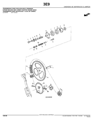 3E9
UNIDADES DE SEPARACAO E LIMPEZA
TRANSMISSAO PARA SACA-PALHAS E PENEIRAS
STRAW WALKER AND LOWER CHAFFER BOARD DRIVE
TRANSMISION PARA SACAPAJAS Y CAJA DE CRIBAS
CQ150340 -UN-11JUL02
g
ESTA RELACAO CONTINUA
120-58 COLHEITADEIRA 1175/1175H PC9185 (01-AUG-02)
PN=610
 