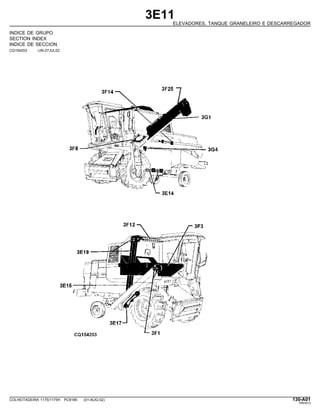 3E11
ELEVADORES, TANQUE GRANELEIRO E DESCARREGADOR
INDICE DE GRUPO
SECTION INDEX
INDICE DE SECCION
CQ154203 -UN-27JUL02
COLHEITADEIRA 1175/1175H PC9185 (01-AUG-02) 130-A01
PN=613
 