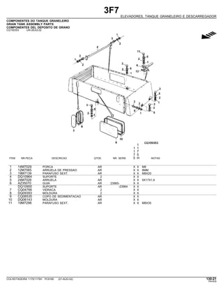 3F7
ELEVADORES, TANQUE GRANELEIRO E DESCARREGADOR
COMPONENTES DO TANQUE GRANELEIRO
GRAIN TANK ASSEMBLY PARTS
COMPONENTES DEL DEPOSITO DE GRANO
CQ150353 -UN-26JUL02
g
1
1 1
1 7
7 5
ITEM NR.PECA DESCRICAO QTDE. NR. SERIE 5 H NOTAS
1 14M7029 PORCA AR X X M8
2 12M7065 ARRUELA DE PRESSAO AR X X 8MM
3 19M7139 PARAFUSO SEXT. AR X X M8X20
4 DQ10964 SUPORTE 2 X X
5 24M7026 ARRUELA AR X X 9X17X1,6
6 AZ35070 GUIA AR 23965- X X
DQ10950 SUPORTE AR -23964 X X
7 CQ04766 VIDRACA 2 X X
8 DQ09393 MOLDURA 2 X X
9 CQ06535 COPO DE SEDIMENTACAO AR X X
10 DQ06143 MOLDURA AR X X
11 19M7298 PARAFUSO SEXT. AR X X M8X35
COLHEITADEIRA 1175/1175H PC9185 (01-AUG-02) 130-21
PN=635
 