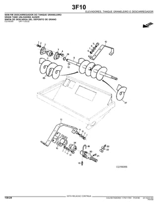 3F10
ELEVADORES, TANQUE GRANELEIRO E DESCARREGADOR
SEM-FIM DESCARREGADOR DO TANQUE GRANELEIRO
GRAIN TANK UNLOADING AUGER
SINFIN DE DESCARGA DEL DEPOSITO DE GRANO
CQ150355 -UN-11JUL02
g
ESTA RELACAO CONTINUA
130-24 COLHEITADEIRA 1175/1175H PC9185 (01-AUG-02)
PN=638
 