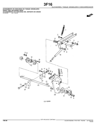 3F16
ELEVADORES, TANQUE GRANELEIRO E DESCARREGADOR
ACIONAMENTO DE DESCARGA DO TANQUE GRANELEIRO
GRAIN TANK UNLOADING DRIVE
ACCIONAMIENTO DE DESCARGA DEL DEPOSITO DE GRANO
CQ150359 -UN-11JUL02
g
ESTA RELACAO CONTINUA
130-30 COLHEITADEIRA 1175/1175H PC9185 (01-AUG-02)
PN=644
 