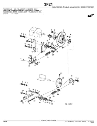 3F21
ELEVADORES, TANQUE GRANELEIRO E DESCARREGADOR
TRANSMISSAO - SEM-FIM ALIMENT DO SEM-FIM DESC
DRIVE - UNLOADING AUGER AND PADDLE ROLL - GRAIN TA
TRANSMISION - SINFIN ALIMENTADOR Y ALIMENTADOR DEL
CQ150362 -UN-11JUL02
g
ESTA RELACAO CONTINUA
130-36 COLHEITADEIRA 1175/1175H PC9185 (01-AUG-02)
PN=650
 