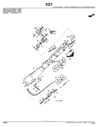 3G1
ELEVADORES, TANQUE GRANELEIRO E DESCARREGADOR
TUBO DE DESCARGA LONGO
UNLOADING AUGER - LONG
TUBO DE DESCARGA LARGO
CQ150366 -UN-11JUL02
g
ESTA RELACAO CONTINUA
130-42 COLHEITADEIRA 1175/1175H PC9185 (01-AUG-02)
PN=656
 